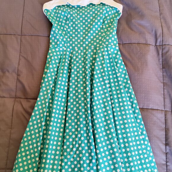 Pinup Couture Medium teal and white polka dot dress EUC - Picture 4 of 15